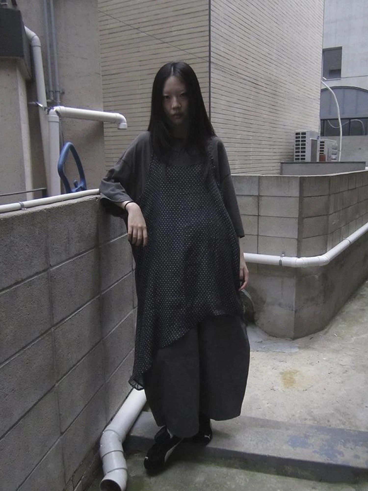 Retro Polka Dot Print Asymmetrical Layered Slip Dress V-neck Long-Sleeve