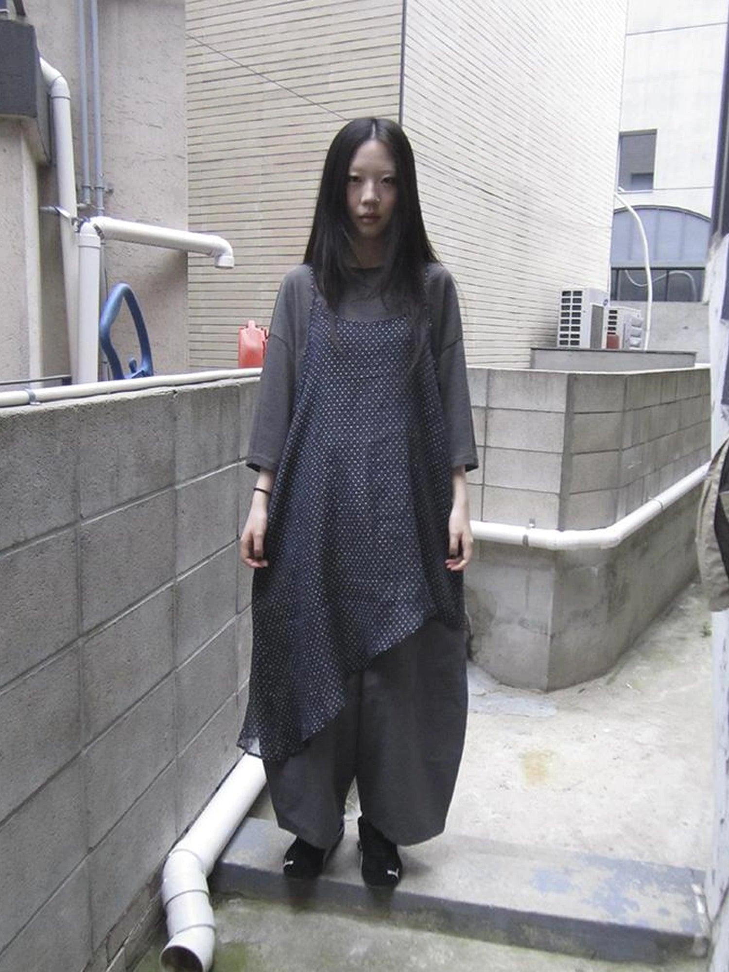 Retro Polka Dot Print Asymmetrical Layered Slip Dress V-neck Long-Sleeve