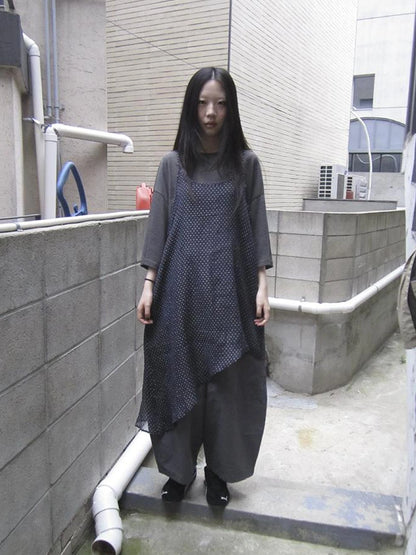 Retro Polka Dot Print Asymmetrical Layered Slip Dress V-neck Long-Sleeve