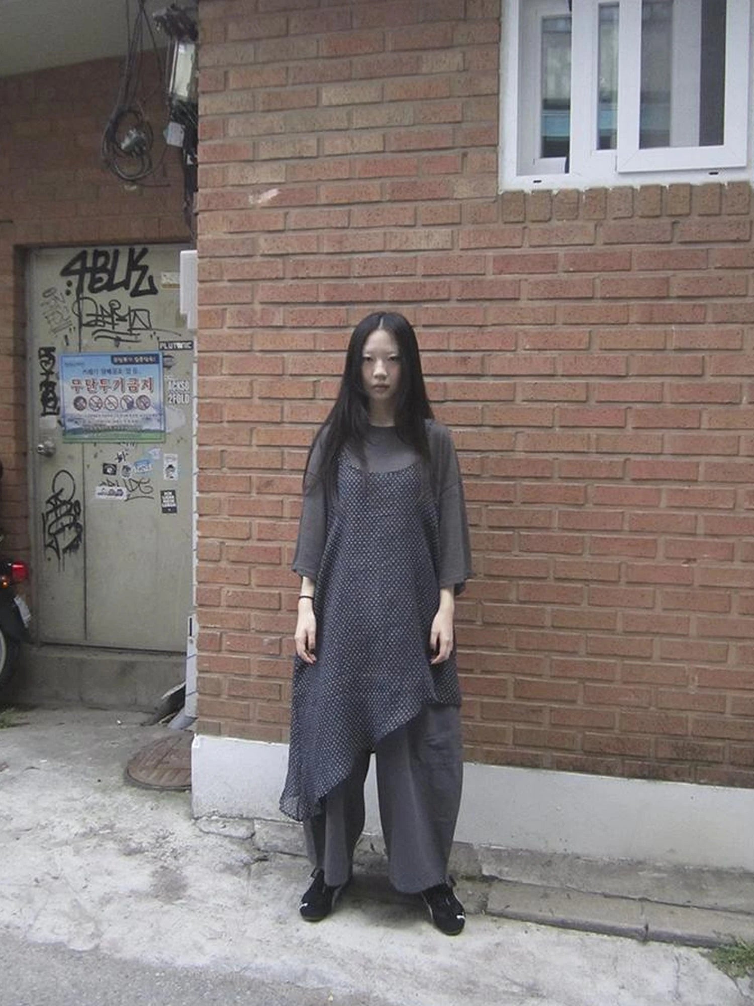 Retro Polka Dot Print Asymmetrical Layered Slip Dress V-neck Long-Sleeve