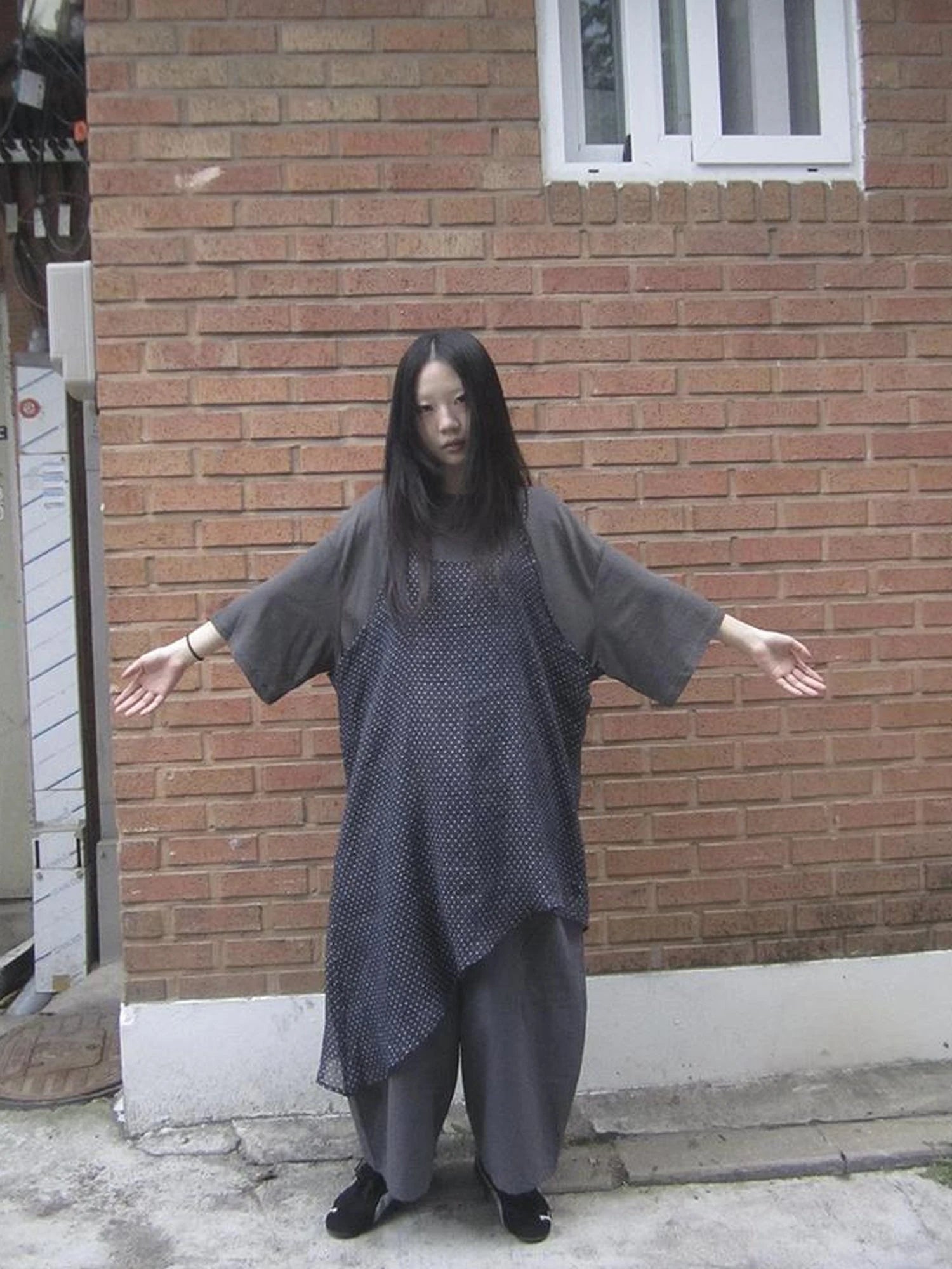 Retro Polka Dot Print Asymmetrical Layered Slip Dress V-neck Long-Sleeve