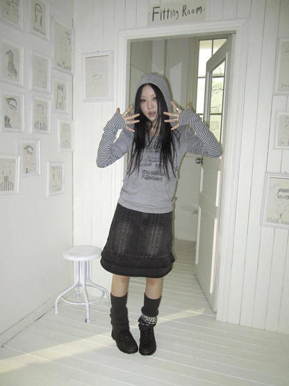 ang project Retro Print Hooded Stripe Long Sleeve T-shirt T-shirt