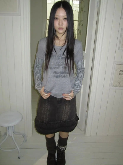 ang project Retro Print Hooded Stripe Long Sleeve T-shirt T-shirt