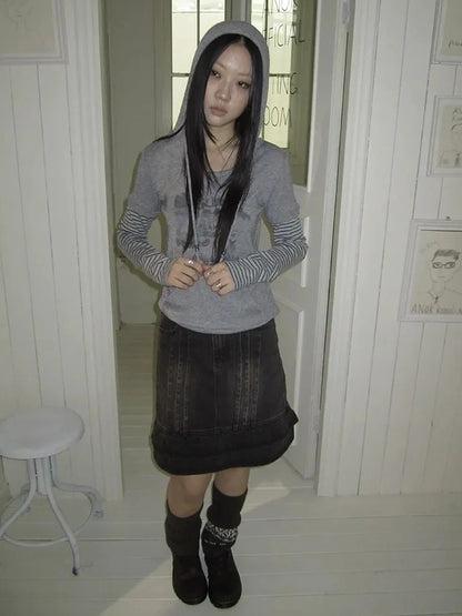 ang project Retro Print Hooded Stripe Long Sleeve T-shirt T-shirt