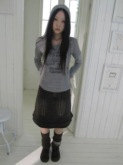 ang project Retro Print Hooded Stripe Long Sleeve T-shirt T-shirt