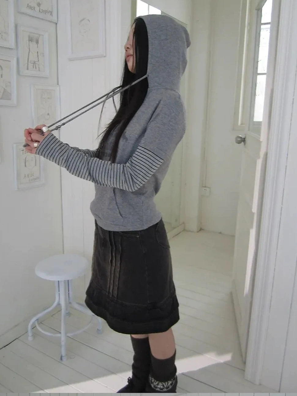 ang project Retro Print Hooded Stripe Long Sleeve T-shirt T-shirt