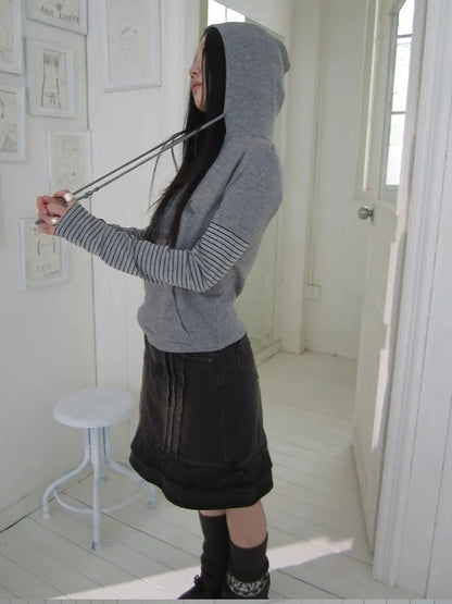 ang project Retro Print Hooded Stripe Long Sleeve T-shirt T-shirt