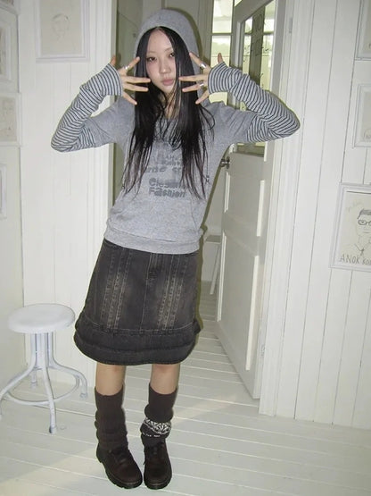 ang project Retro Print Hooded Stripe Long Sleeve T-shirt T-shirt