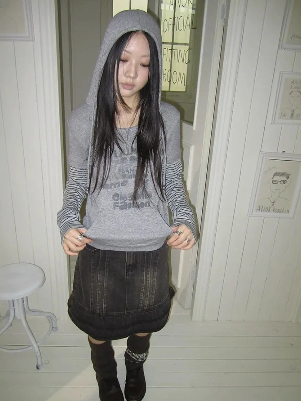 ang project Retro Print Hooded Stripe Long Sleeve T-shirt T-shirt