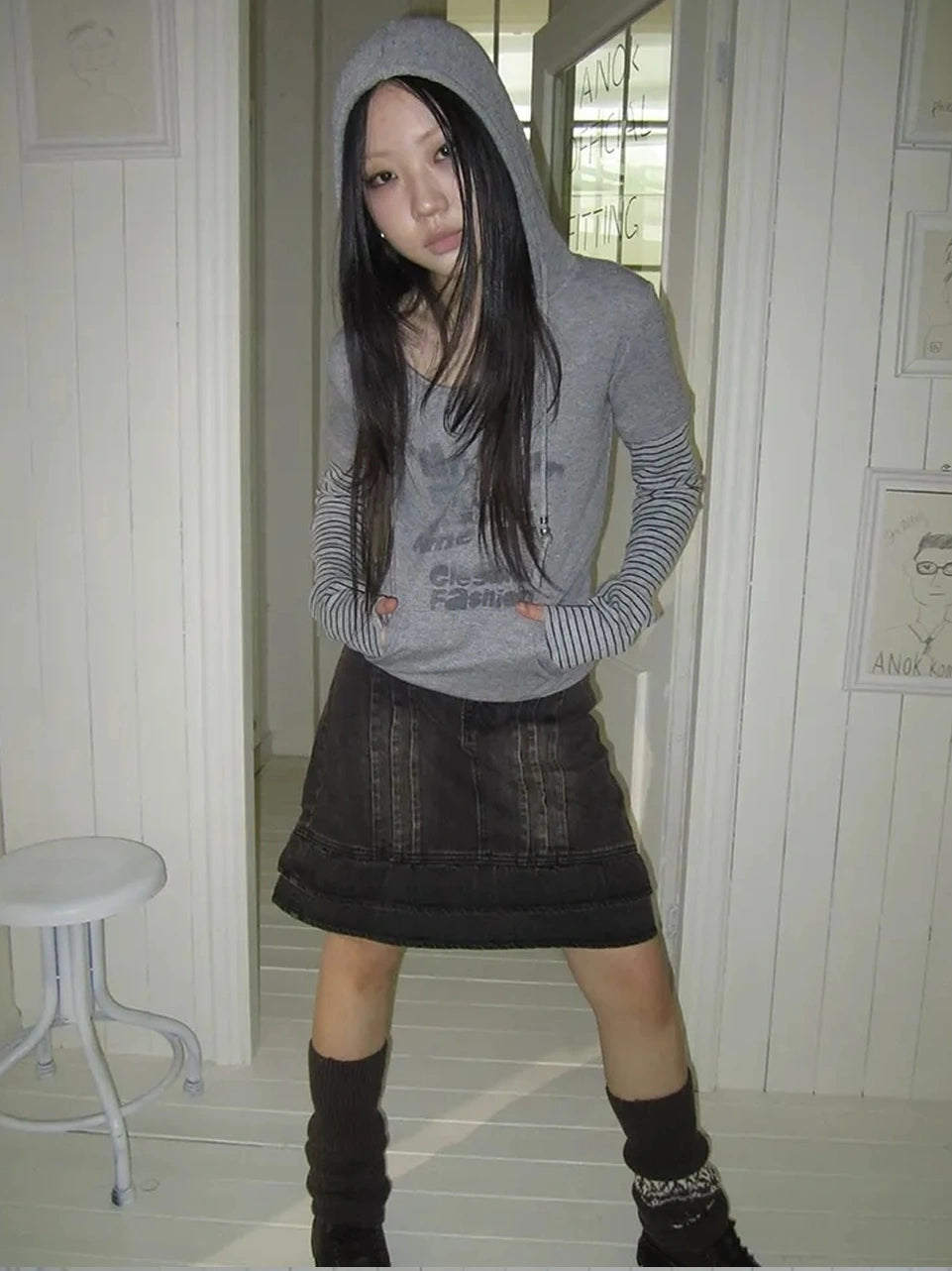 ang project Retro Print Hooded Stripe Long Sleeve T-shirt T-shirt