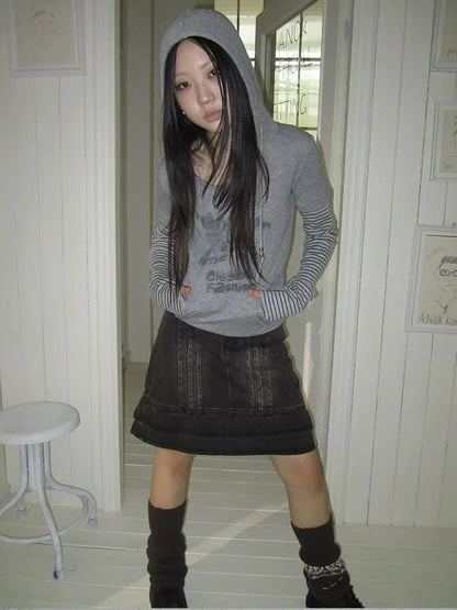 ang project Retro Print Hooded Stripe Long Sleeve T-shirt T-shirt