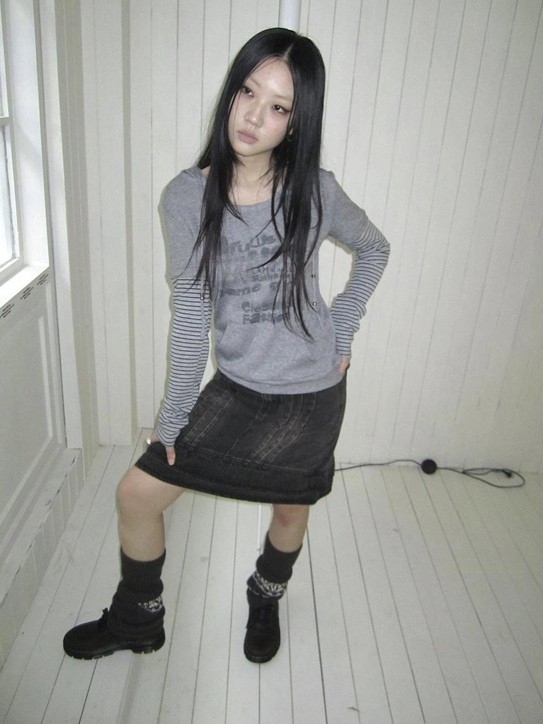 ang project Retro Print Hooded Stripe Long Sleeve T-shirt T-shirt