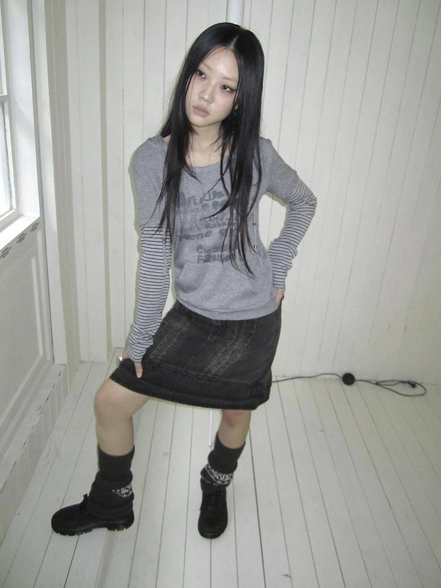 ang project Retro Print Hooded Stripe Long Sleeve T-shirt T-shirt