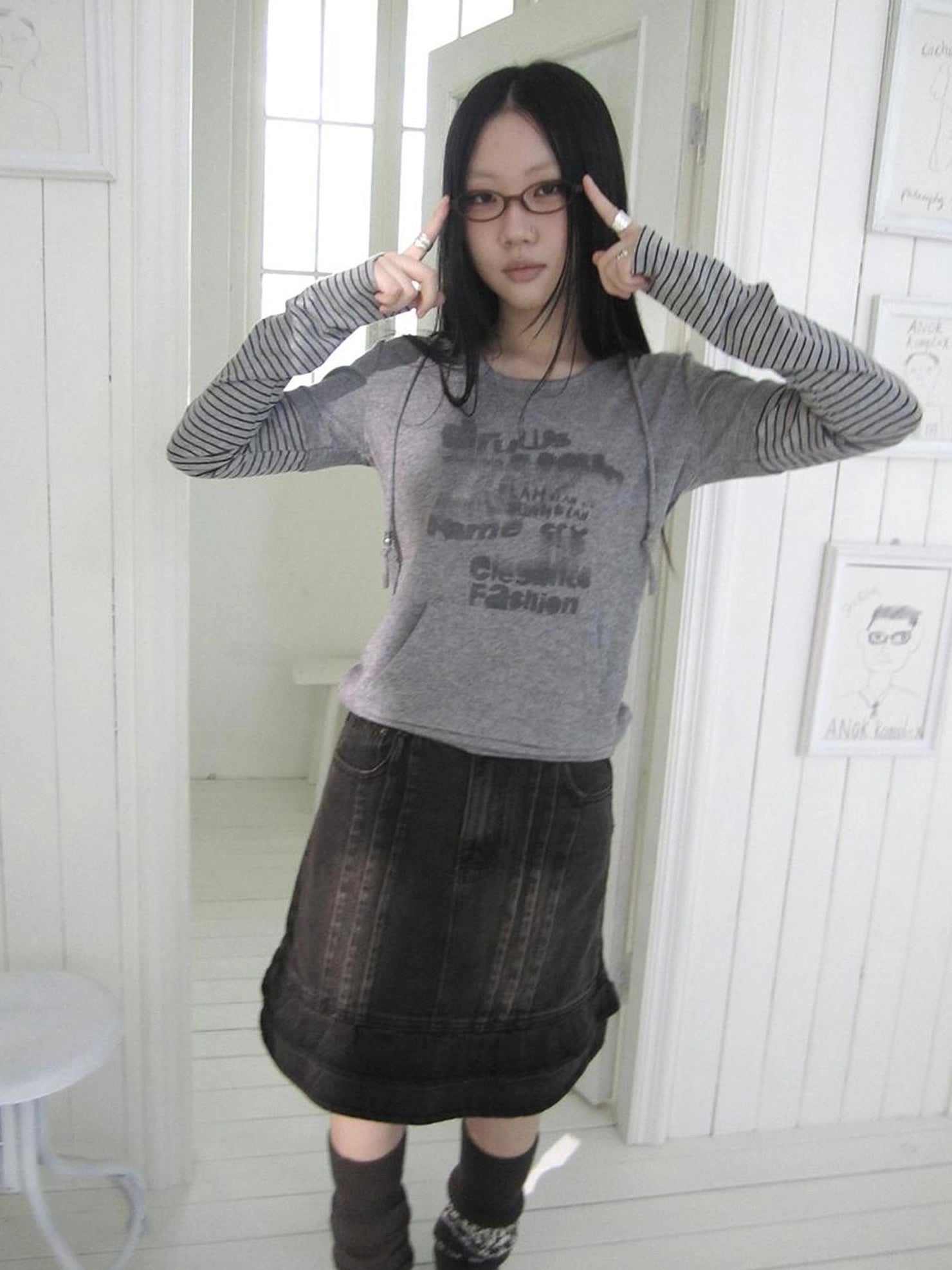 ang project Retro Print Hooded Stripe Long Sleeve T-shirt T-shirt