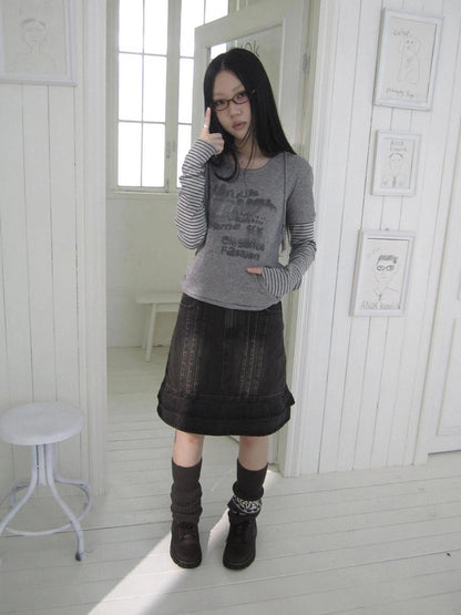 ang project Retro Print Hooded Stripe Long Sleeve T-shirt T-shirt