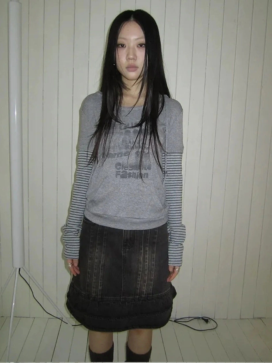 ang project Retro Print Hooded Stripe Long Sleeve T-shirt T-shirt