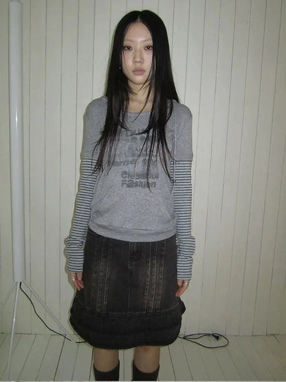 ang project Retro Print Hooded Stripe Long Sleeve T-shirt T-shirt