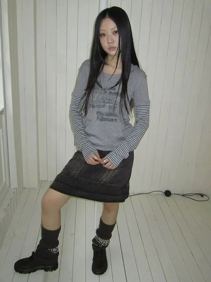 ang project Retro Print Hooded Stripe Long Sleeve T-shirt T-shirt