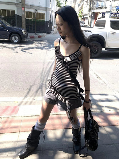 Retro Ribbon Trimmed Black And Gray Striped Knit Camisole Top