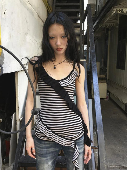 Retro Ribbon Trimmed Black And Gray Striped Knit Camisole Top