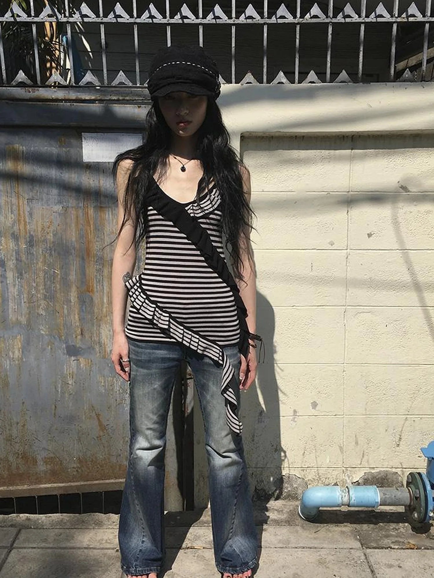 Retro Ribbon Trimmed Black And Gray Striped Knit Camisole Top