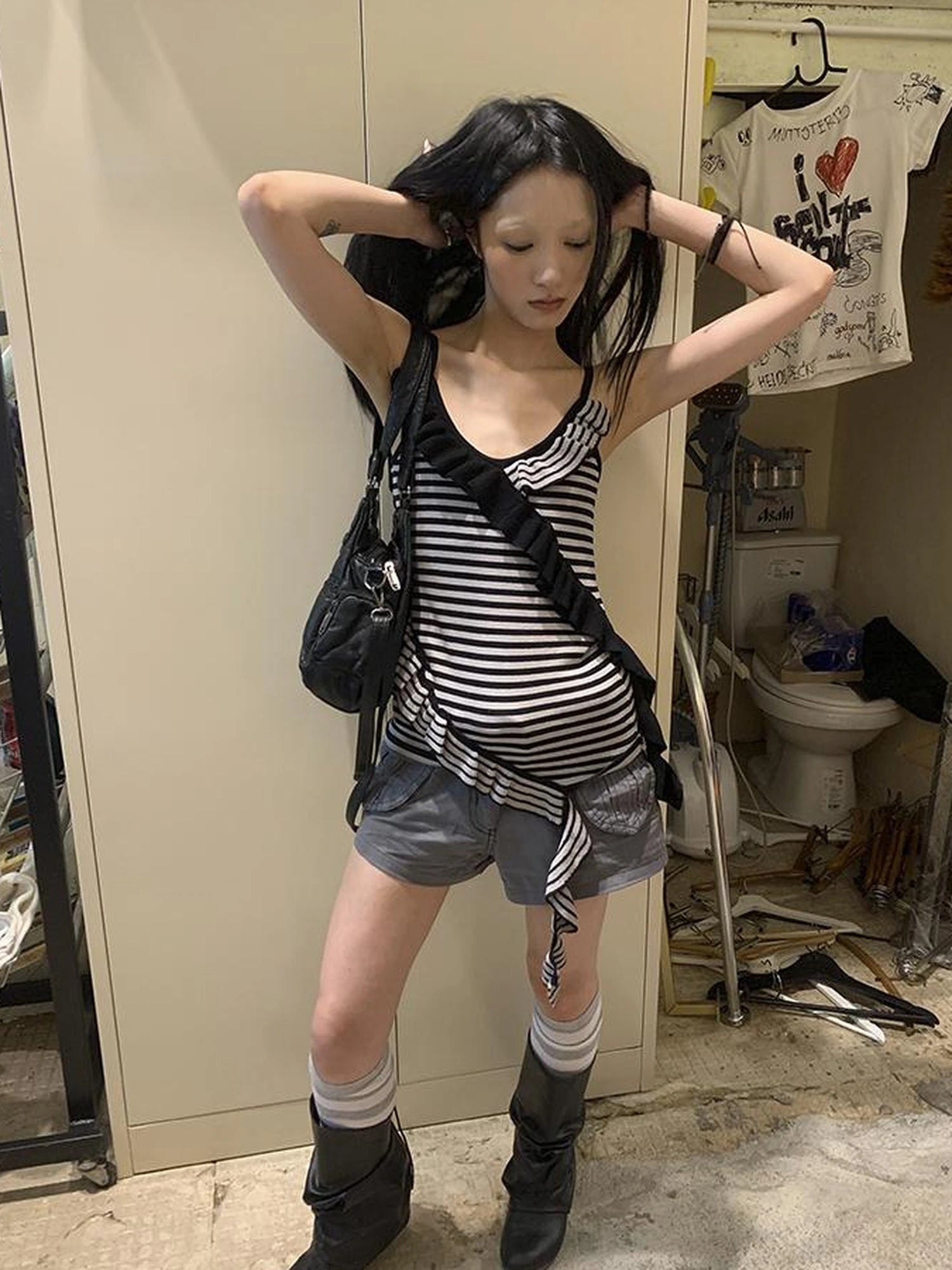 Retro Ribbon Trimmed Black And Gray Striped Knit Camisole Top