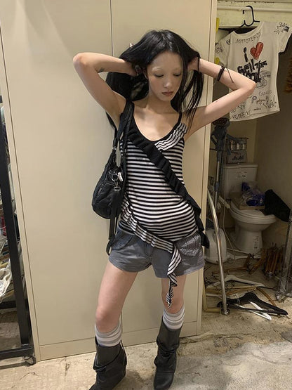 Retro Ribbon Trimmed Black And Gray Striped Knit Camisole Top