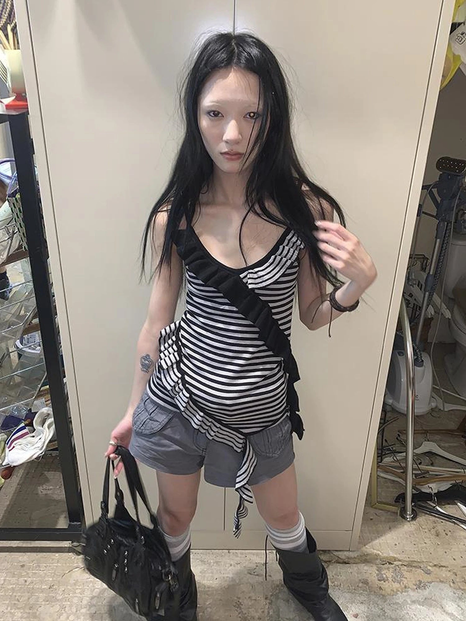 Retro Ribbon Trimmed Black And Gray Striped Knit Camisole Top