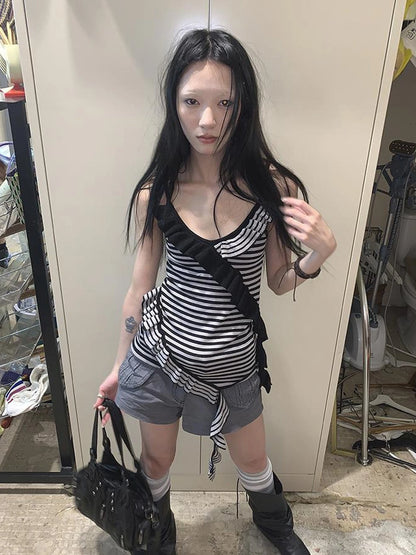 Retro Ribbon Trimmed Black And Gray Striped Knit Camisole Top