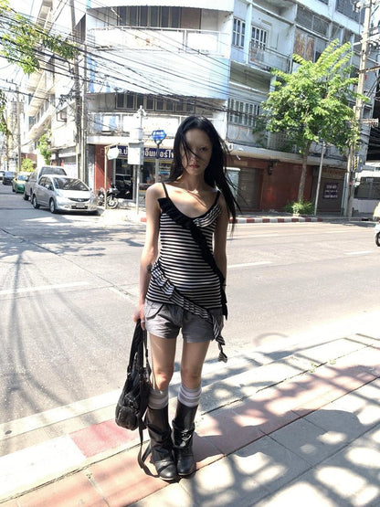 Retro Ribbon Trimmed Black And Gray Striped Knit Camisole Top