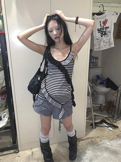 Retro Ribbon Trimmed Black And Gray Striped Knit Camisole Top