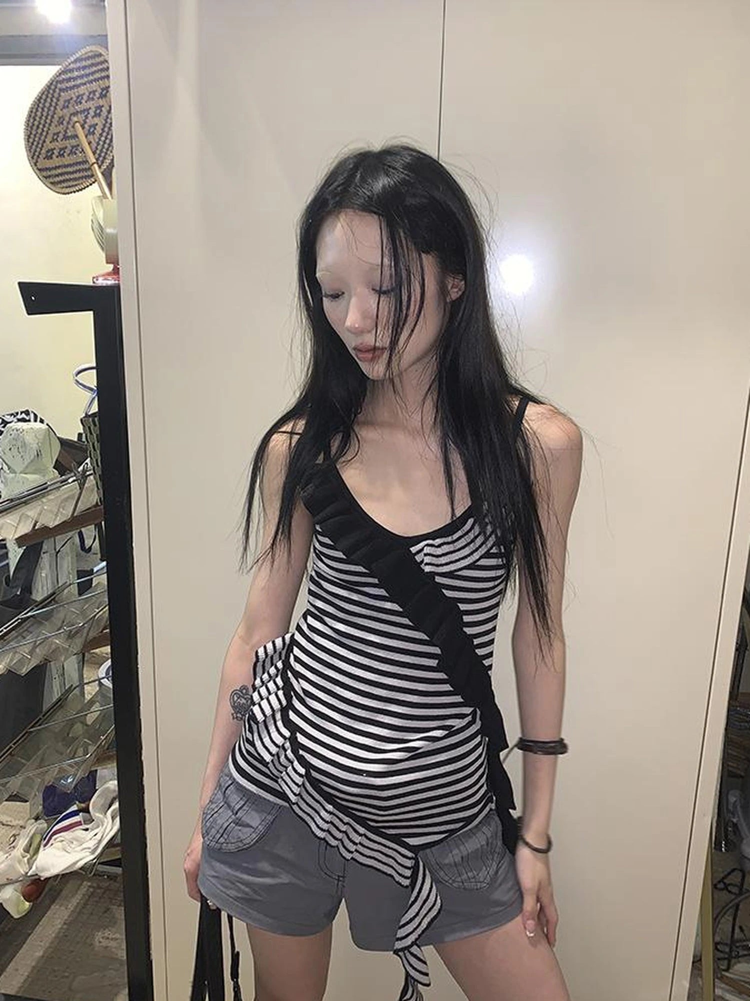 Retro Ribbon Trimmed Black And Gray Striped Knit Camisole Top