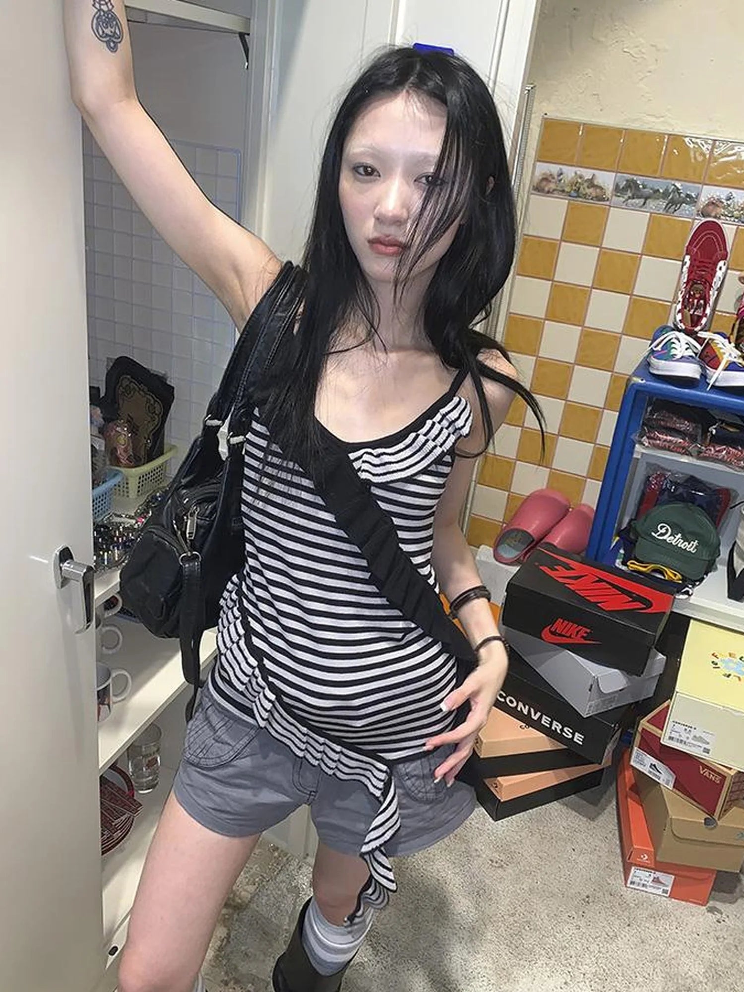 Retro Ribbon Trimmed Black And Gray Striped Knit Camisole Top