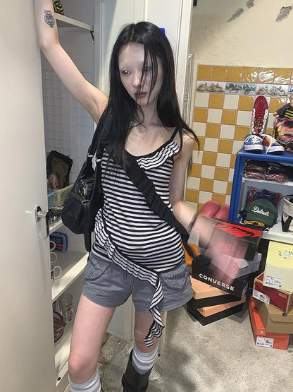 Retro Ribbon Trimmed Black And Gray Striped Knit Camisole Top