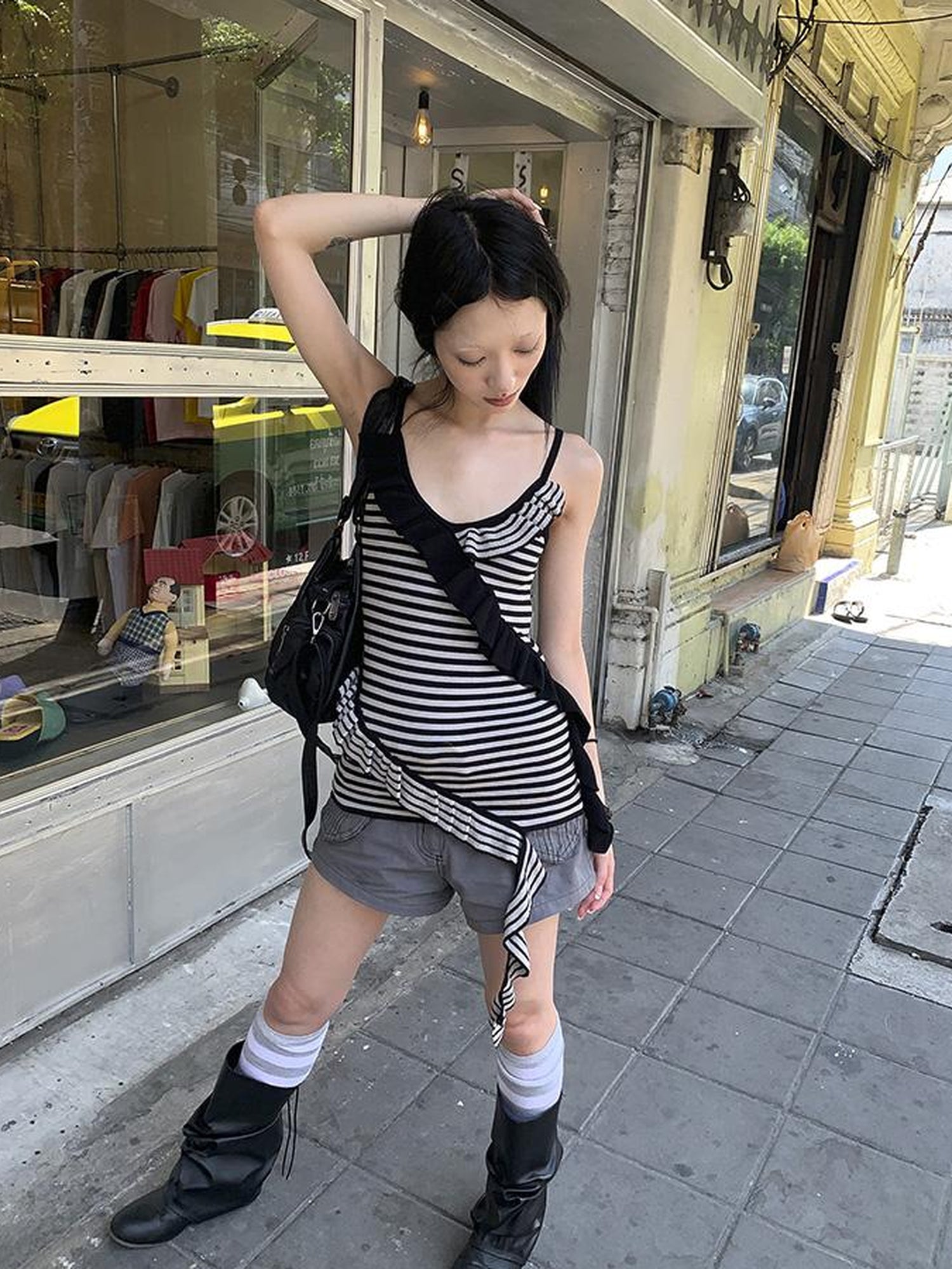 Updateang project Retro Ribbon Trimmed Black And Gray Striped Knit Camisole Top