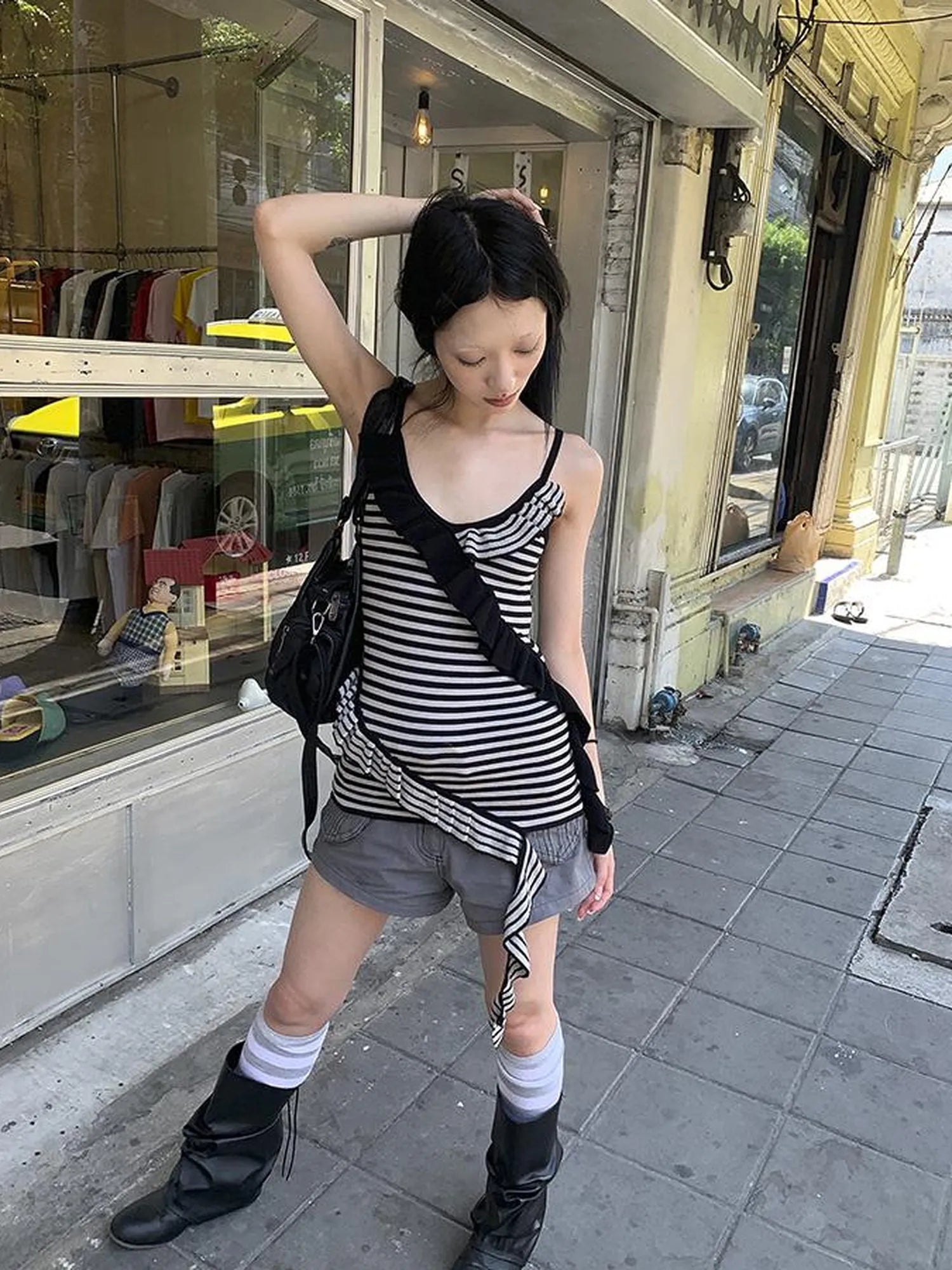 Retro Ribbon Trimmed Black And Gray Striped Knit Camisole Top