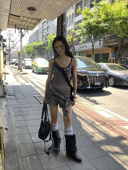 Retro Ribbon Trimmed Black And Gray Striped Knit Camisole Top