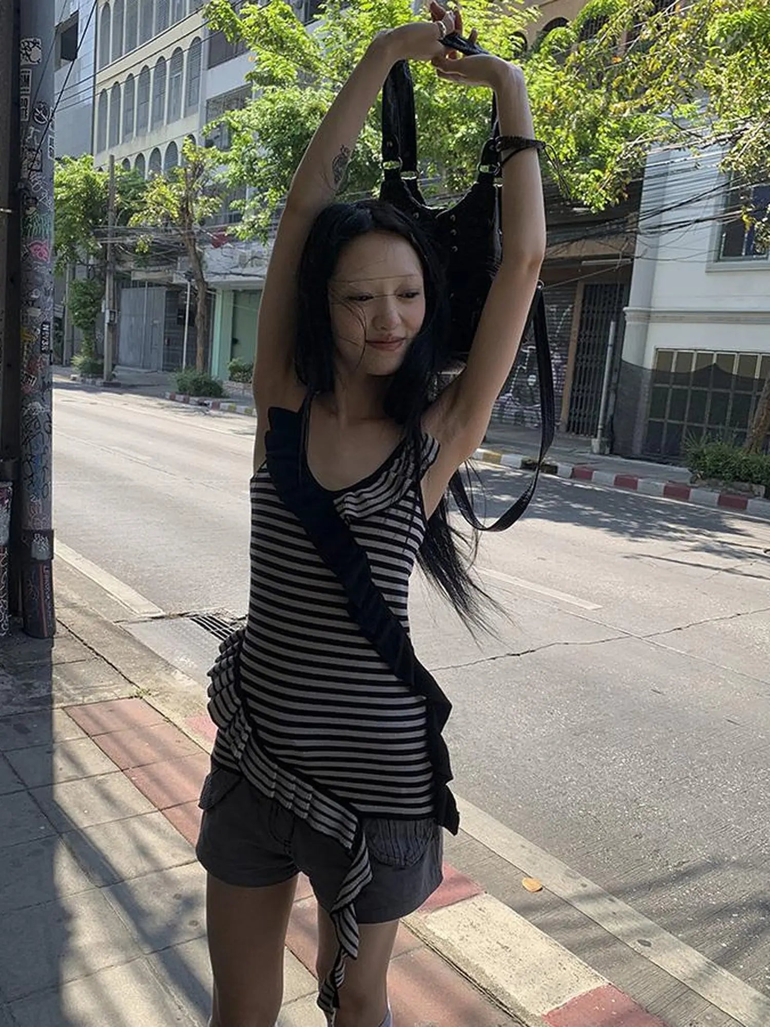 Retro Ribbon Trimmed Black And Gray Striped Knit Camisole Top