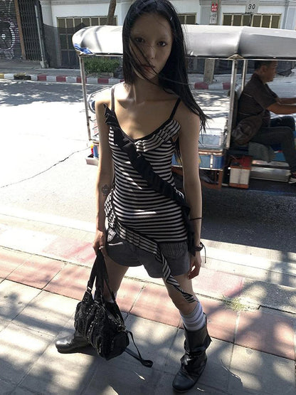 Retro Ribbon Trimmed Black And Gray Striped Knit Camisole Top