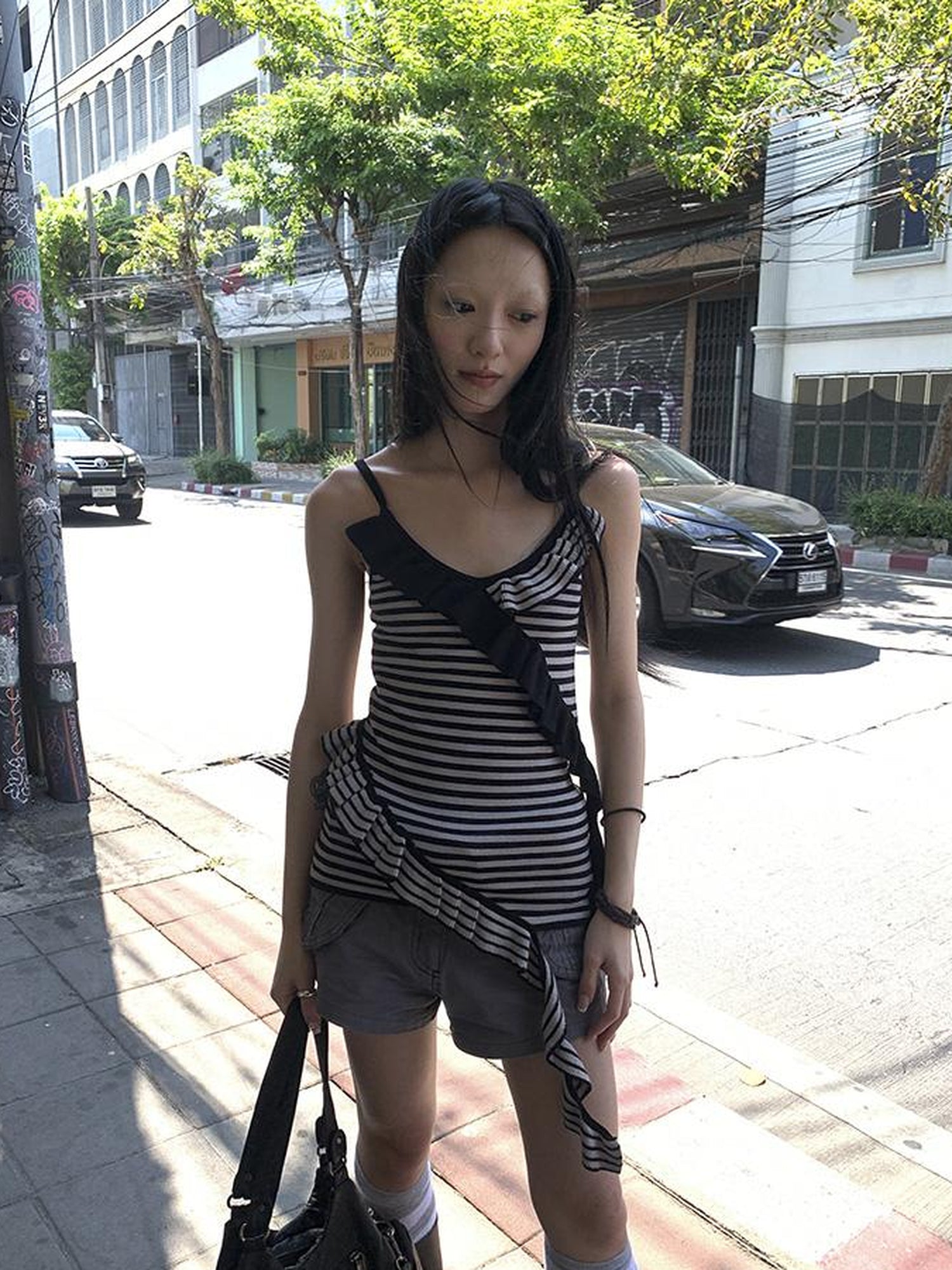 Updateang project Retro Ribbon Trimmed Black And Gray Striped Knit Camisole Top