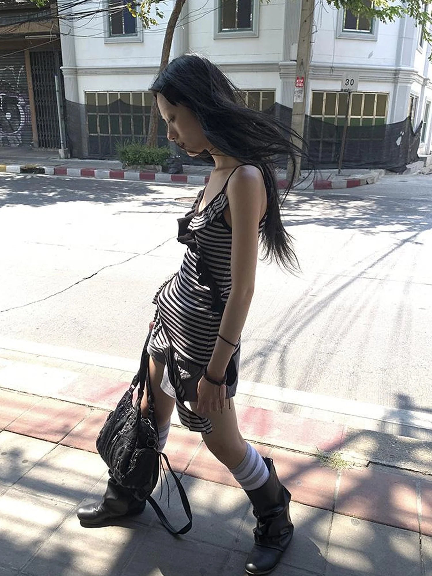 Retro Ribbon Trimmed Black And Gray Striped Knit Camisole Top