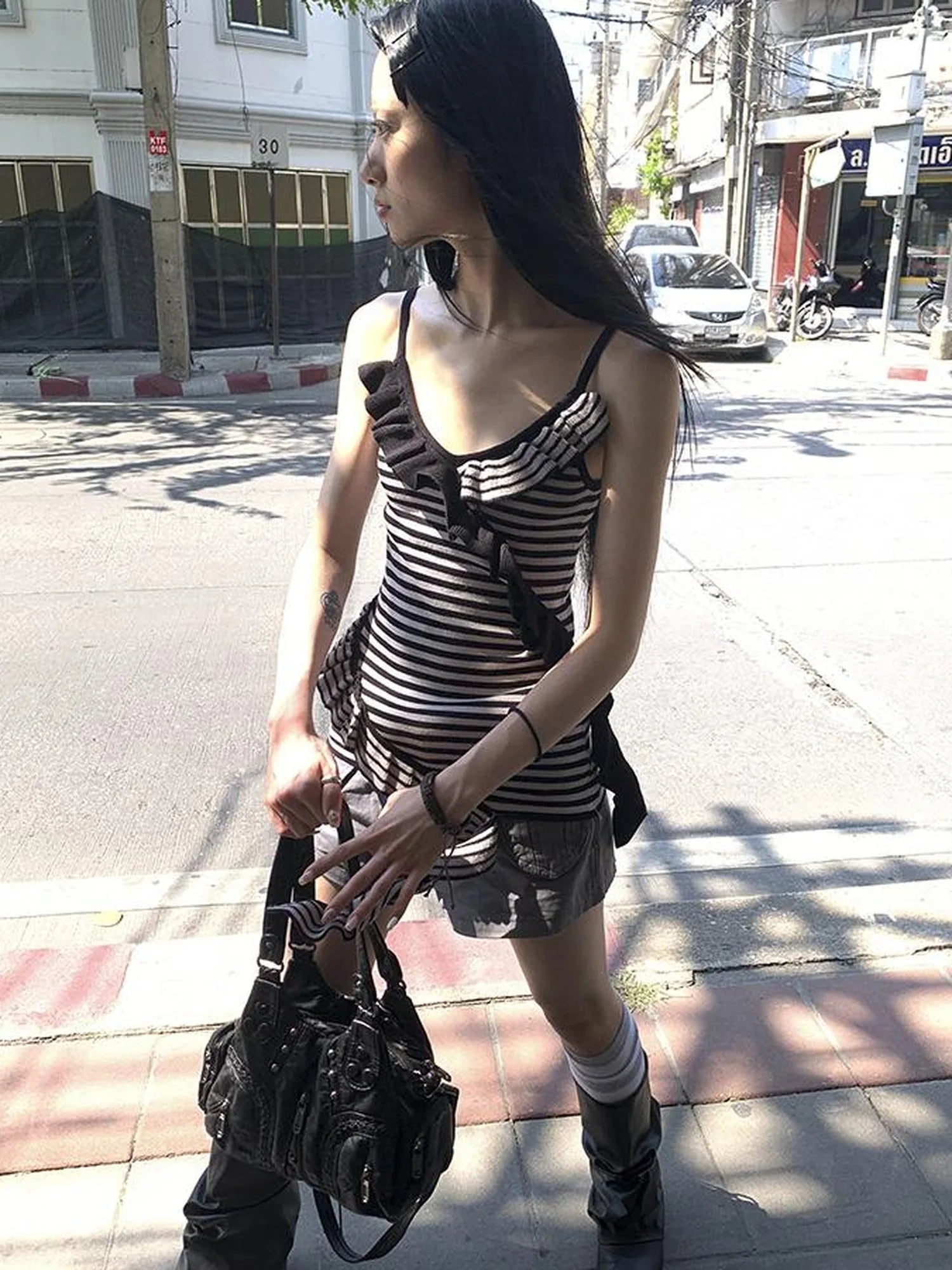 Retro Ribbon Trimmed Black And Gray Striped Knit Camisole Top