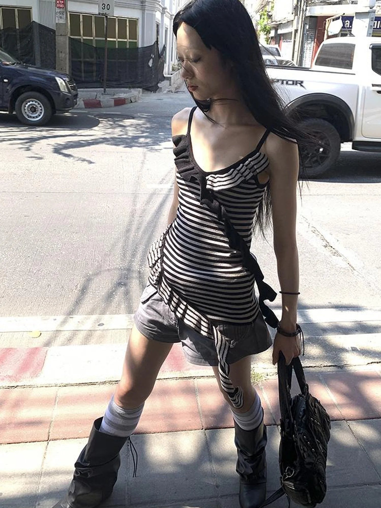 Retro Ribbon Trimmed Black And Gray Striped Knit Camisole Top