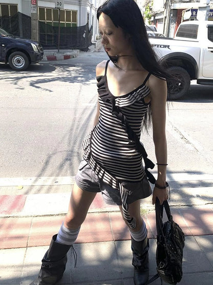 Retro Ribbon Trimmed Black And Gray Striped Knit Camisole Top