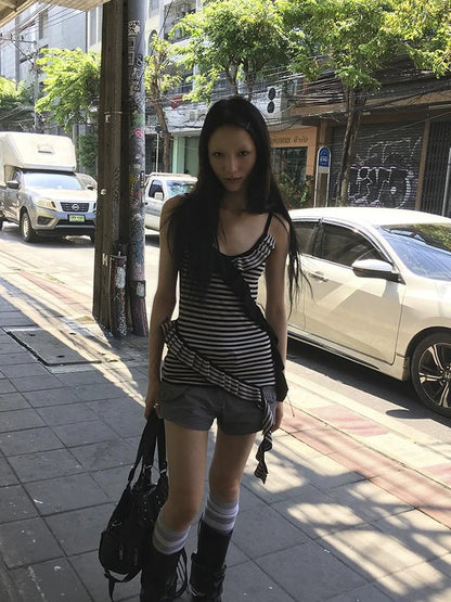 Retro Ribbon Trimmed Black And Gray Striped Knit Camisole Top