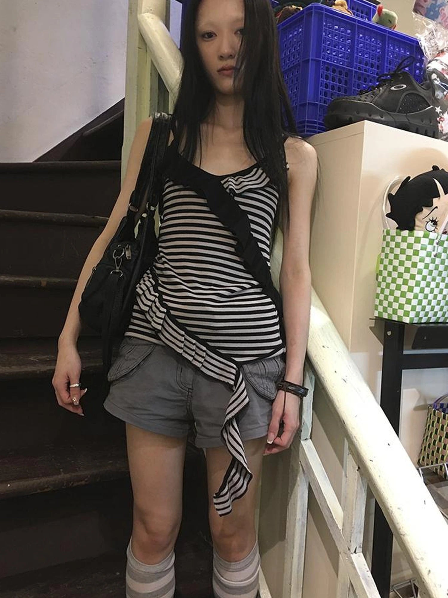 Retro Ribbon Trimmed Black And Gray Striped Knit Camisole Top