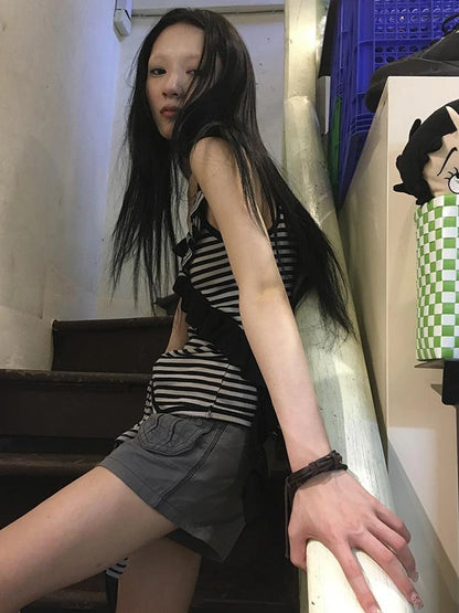 Retro Ribbon Trimmed Black And Gray Striped Knit Camisole Top