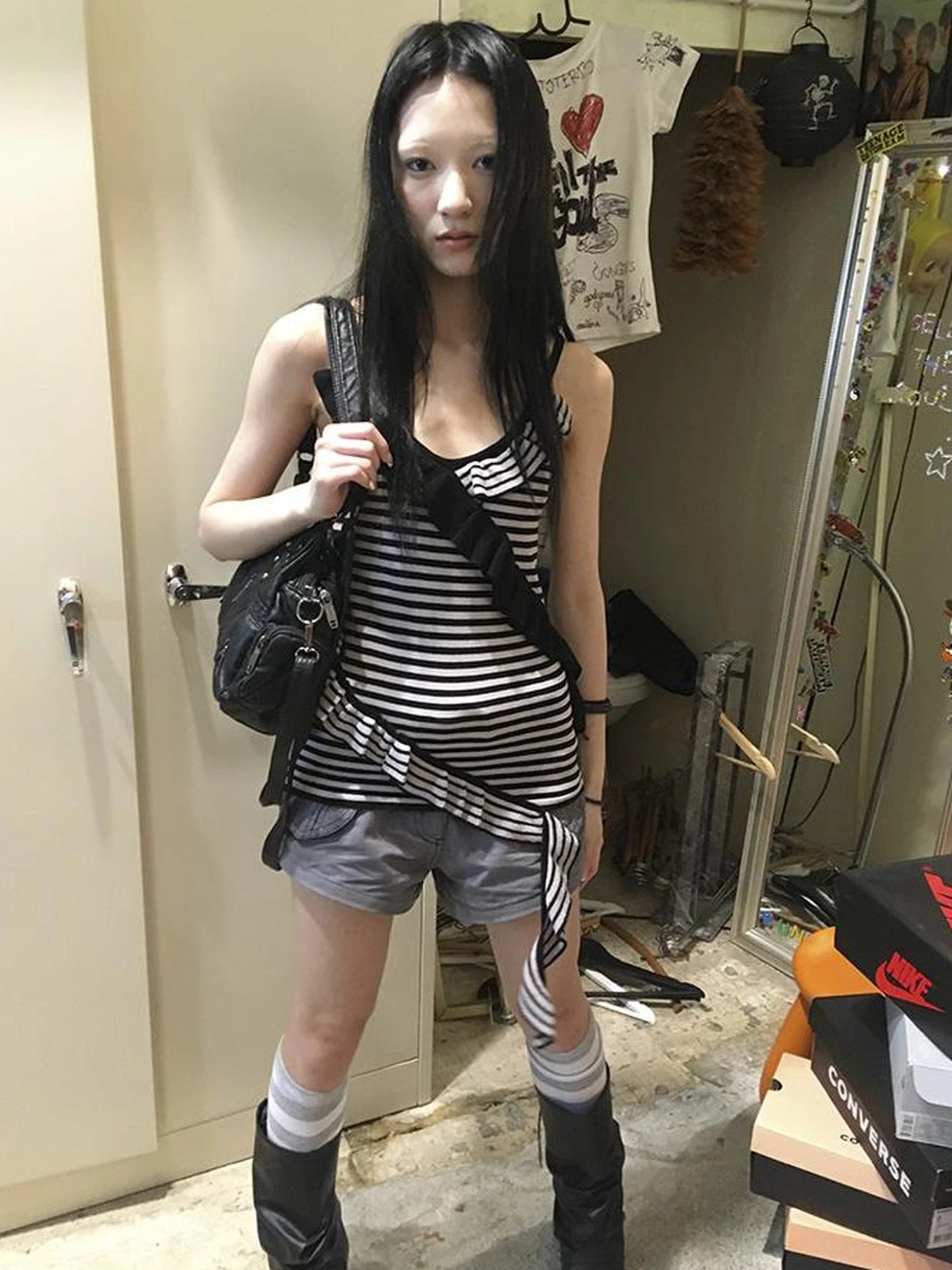 Retro Ribbon Trimmed Black And Gray Striped Knit Camisole Top