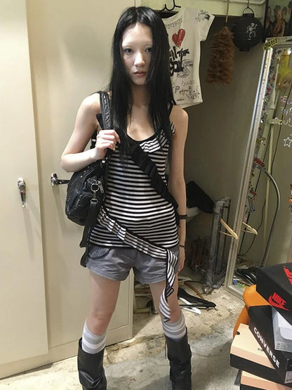 Retro Ribbon Trimmed Black And Gray Striped Knit Camisole Top