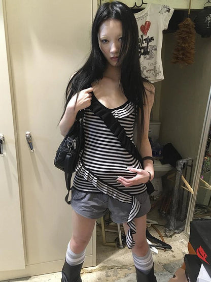 Retro Ribbon Trimmed Black And Gray Striped Knit Camisole Top